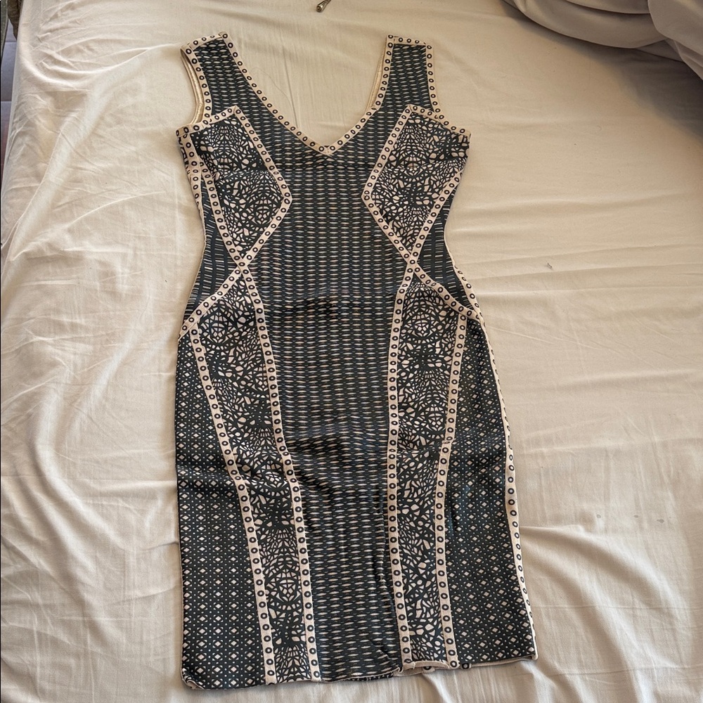 Herve Leger Black and Cream Patterned Midi Dress